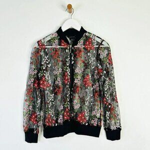 Adiva Black Mesh Full Zip Bomber Jacket with Floral Embroidery